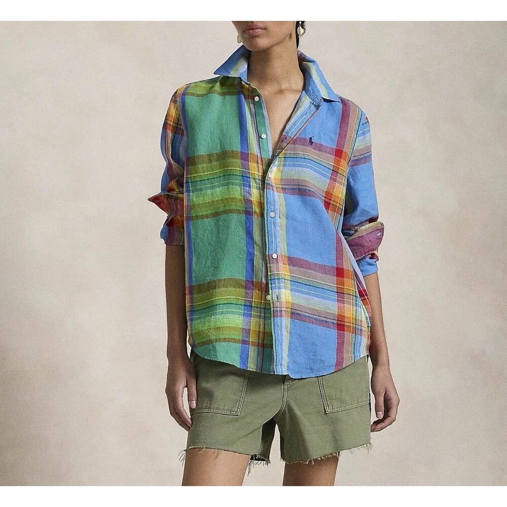 Polo Ralph Lauren Shirt Womens Small Plaid 100% Linen Button Up Long Sleeve - Picture 6 of 16